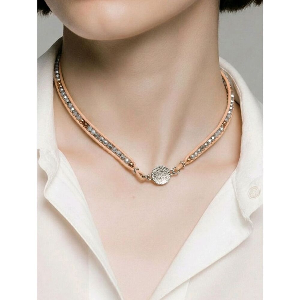 Pave Crystal Beaded Pink Leather Necklace Wrap Bracelet | Chan Luu Style Boho